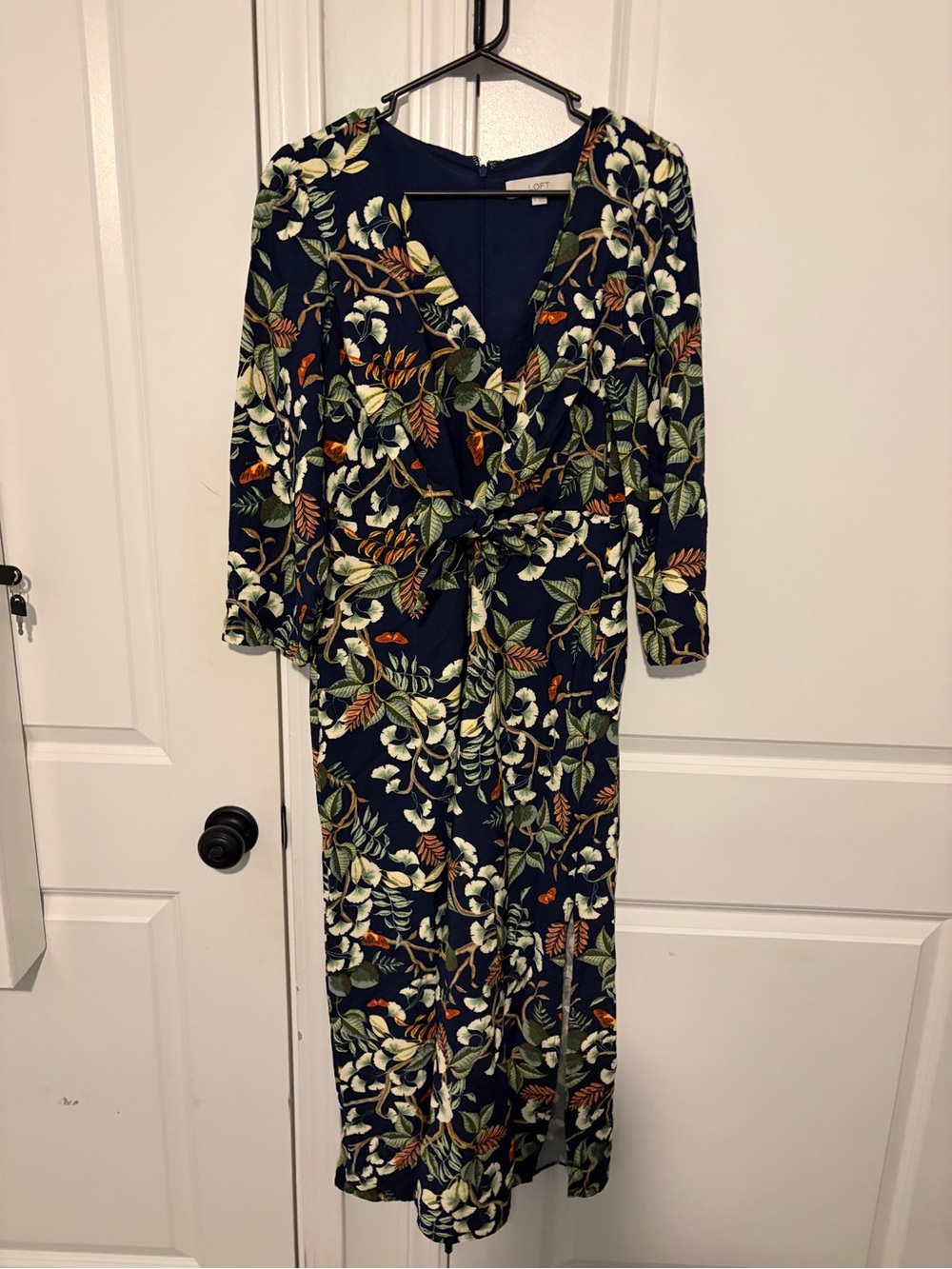 LOFT Navy Floral Wrap Dress with Green and Cream Leaf Print